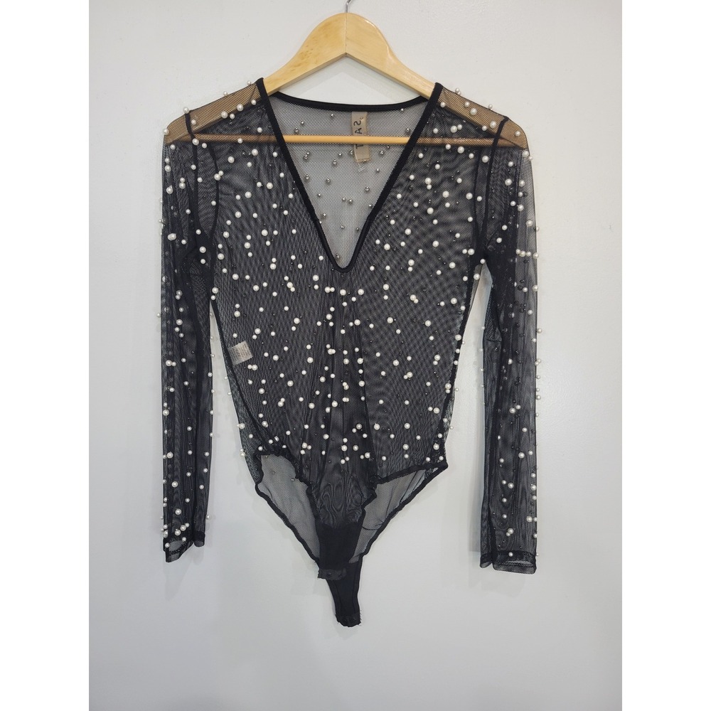 Black Mesh Long‎ Sleeve Bodysuit V-Neck Pearl Embellished Party Clubwear Large